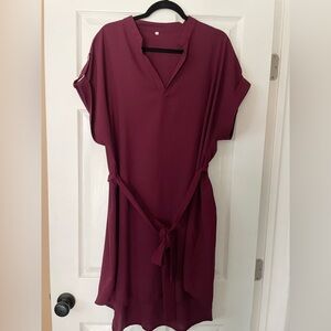 Burgundy Short Sleeve Dress with Belt tie
